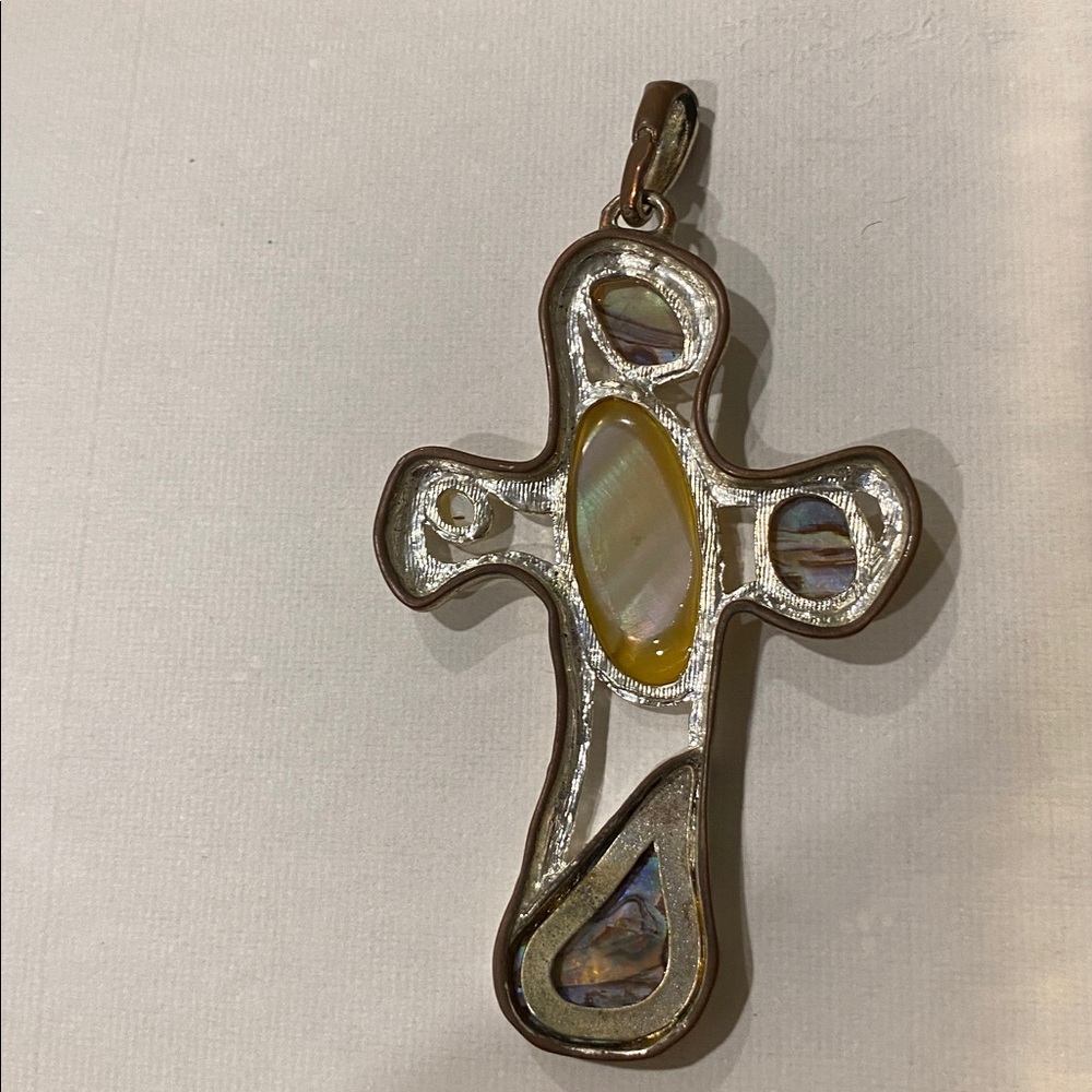 Vintage Silver Cross Pendant with Amber and Abalone inlay - Picture 2 of 2